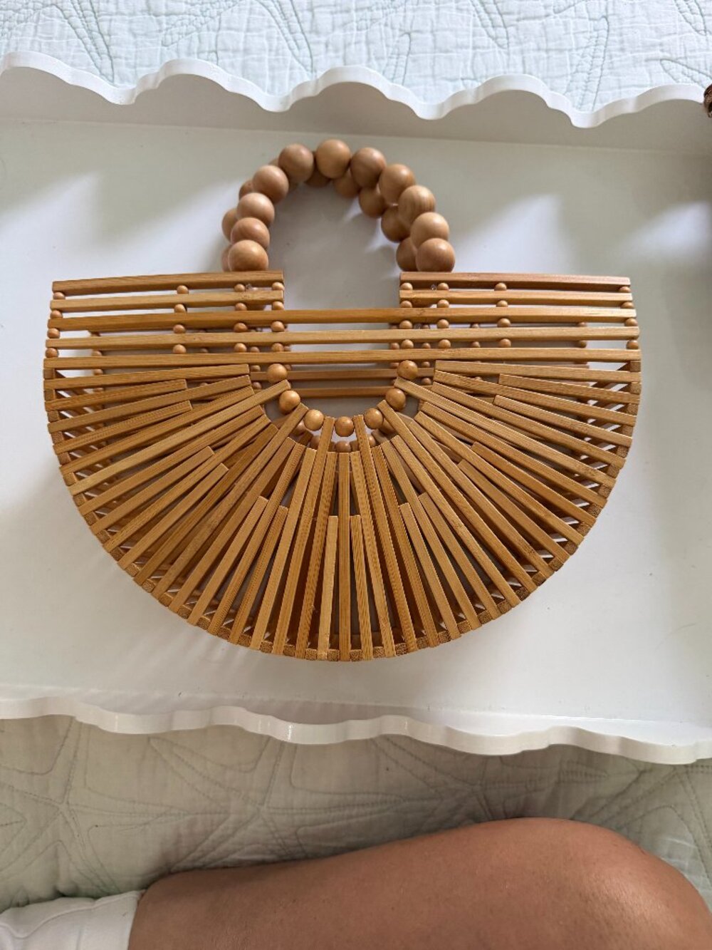 Cult Gaia Style Semi Circle Bamboo Handbag with Oversized Wooden Beaded Handle - Picture 2 of 5